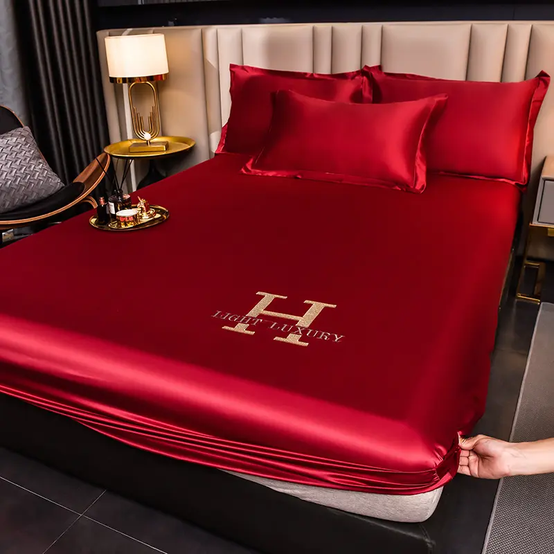 High-end Satin Fitted Sheet with Elastic Band Solid Color Silky Bed Sheet Smooth Non-Slip Mattress Cover Bedspreads Bed Linen