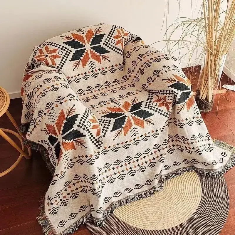 Aztec Blanket, Oversized Boho Throw Blanket with Fringe, Southwestern Geometric Tapestry Vintage Woven Throw Blankets, Double-Si