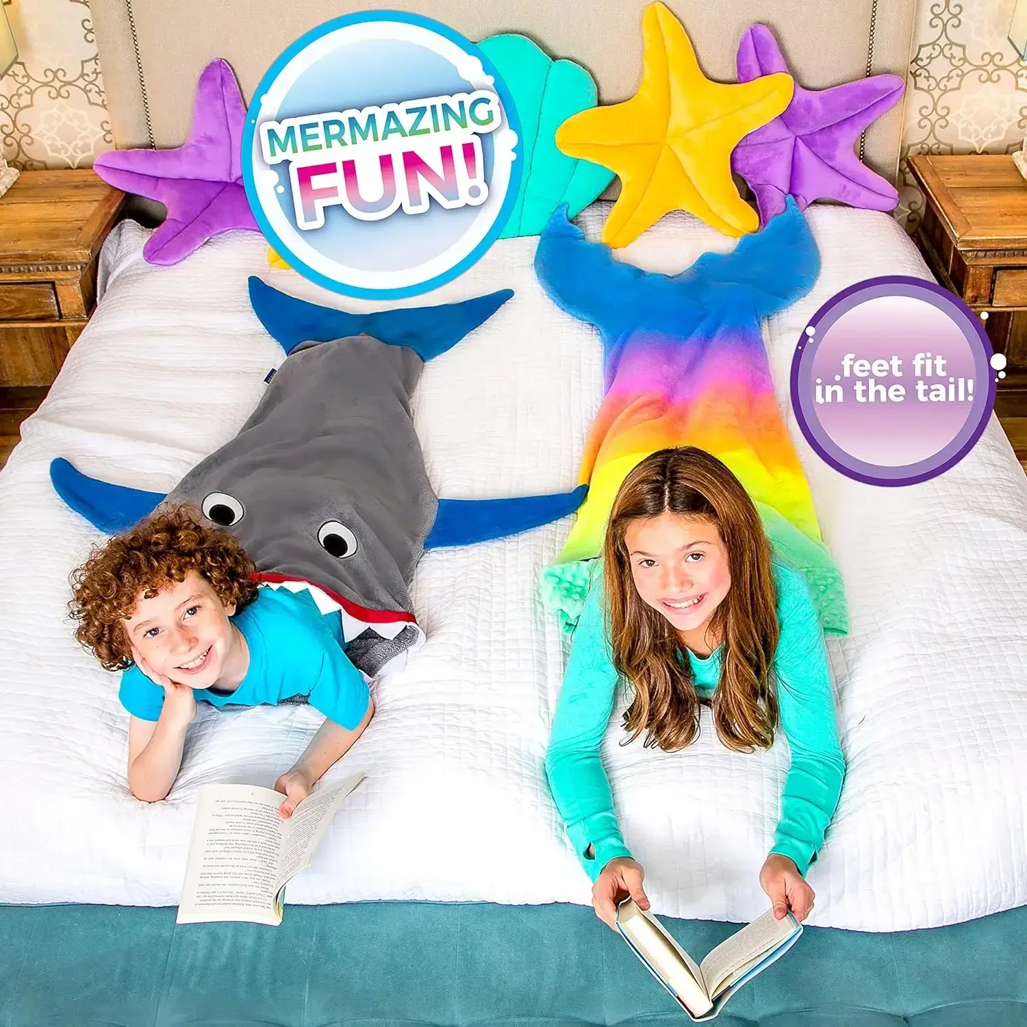 Children Shark Sleeping Bag Ultra-soft Fluffy Flannel Fishtail Blankets Kids Boys Girls Wearable Sleepsack
