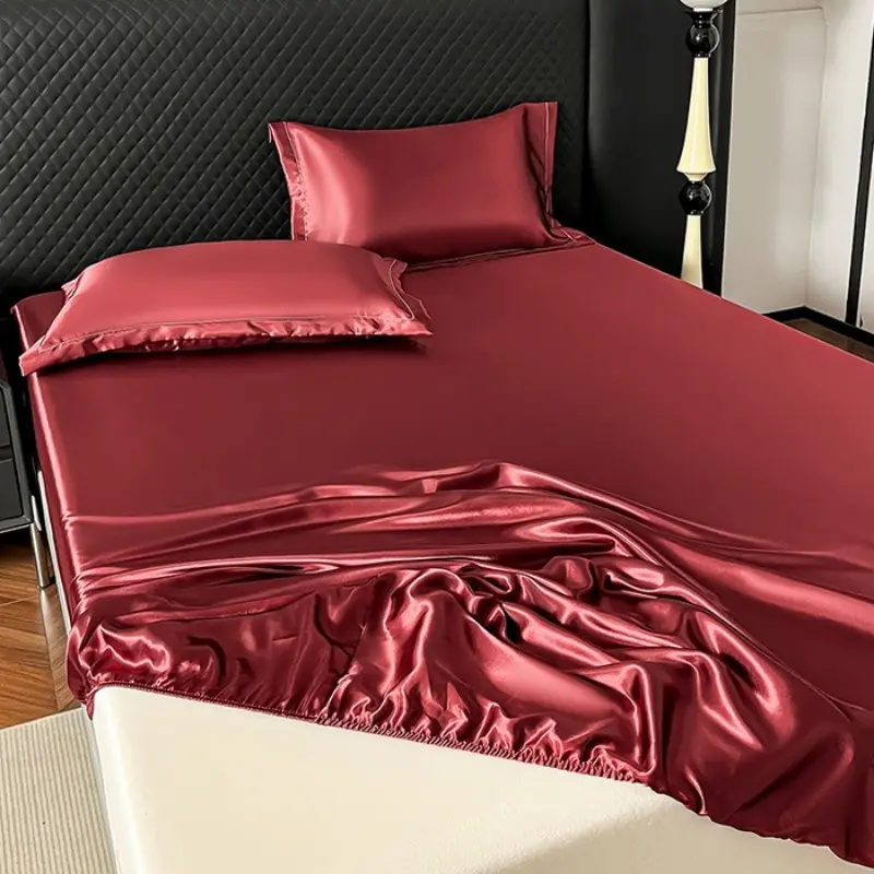 100%Polyester 1pcs Satin Surface Bedding Fitted Sheet（No Pillowcase）Elastic Band Around Mattress Cover King Bed Cover Sheet