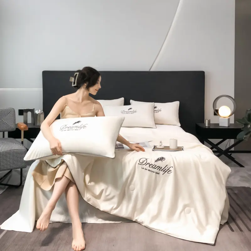 Grade A Washable Ice Silk Summer Quilt Set or 1 Pcs Quilt Skin-friendly Air Conditioning Embroidered Comforter Summer Blanket
