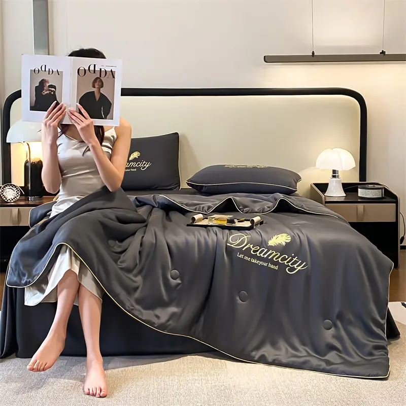 3pc/Set Antibacterial Embroidery Skin-friendly Imitation Silk Ice Thin Blanket,Air Conditioner Washable By The Cool Summer Quilt