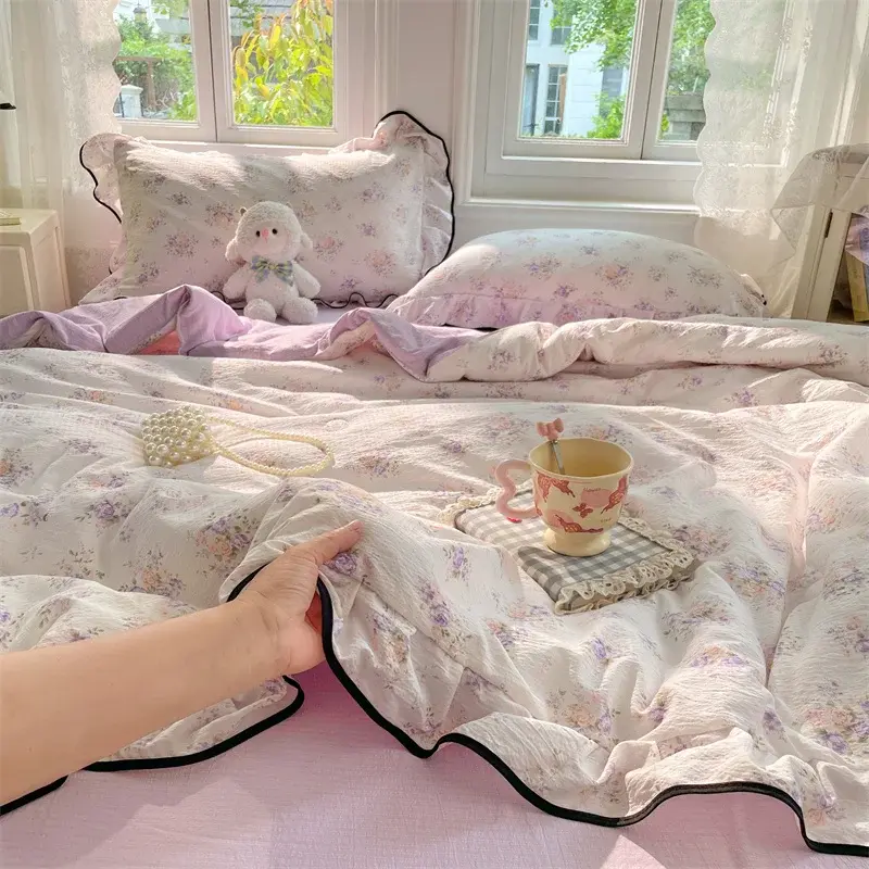 Korean Style Summer Comforter Pure Cotton Blankets with Lace Border Kids Adults Single Double Washable Summer Quilts 1pc/3pc/Set