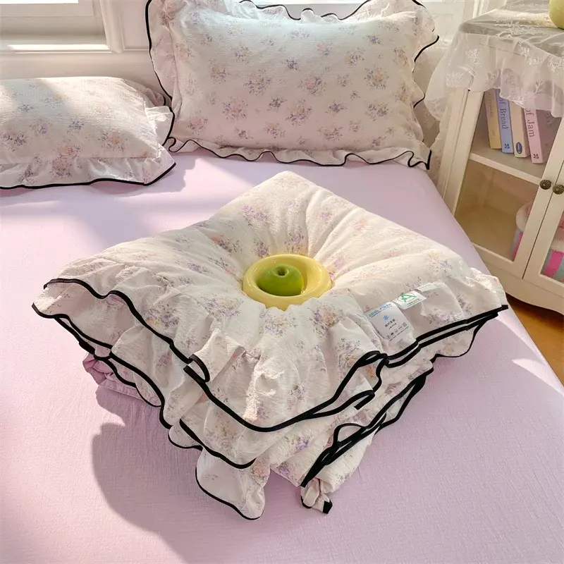 Korean Style Summer Comforter Pure Cotton Blankets with Lace Border Kids Adults Single Double Washable Summer Quilts 1pc/3pc/Set