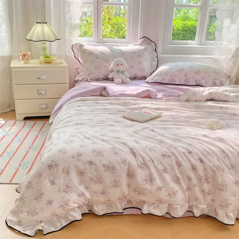 Korean Style Summer Comforter Pure Cotton Blankets with Lace Border Kids Adults Single Double Washable Summer Quilts 1pc/3pc/Set