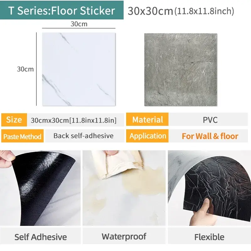 10pcs PVC Flat Imitation Marble Tile Floor Stickers 30*30cm Self-adhesive Wall Stickers Waterproof Bathroom living room Decals