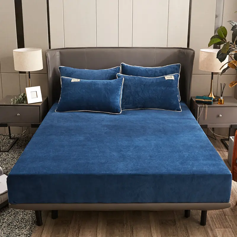 Solid Stretch Velvet Fabric Fitted Sheet Soft Elastic Bedspread Mattress Cover Bed Linen Protector Fitted Sheet Winter Keep Warm