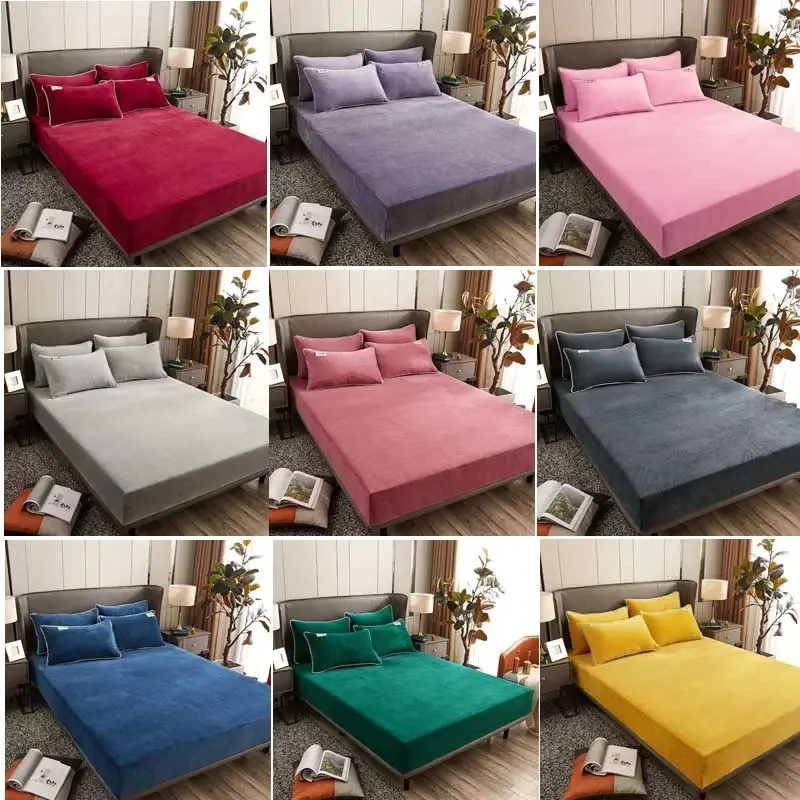 Solid Stretch Velvet Fabric Fitted Sheet Soft Elastic Bedspread Mattress Cover Bed Linen Protector Fitted Sheet Winter Keep Warm