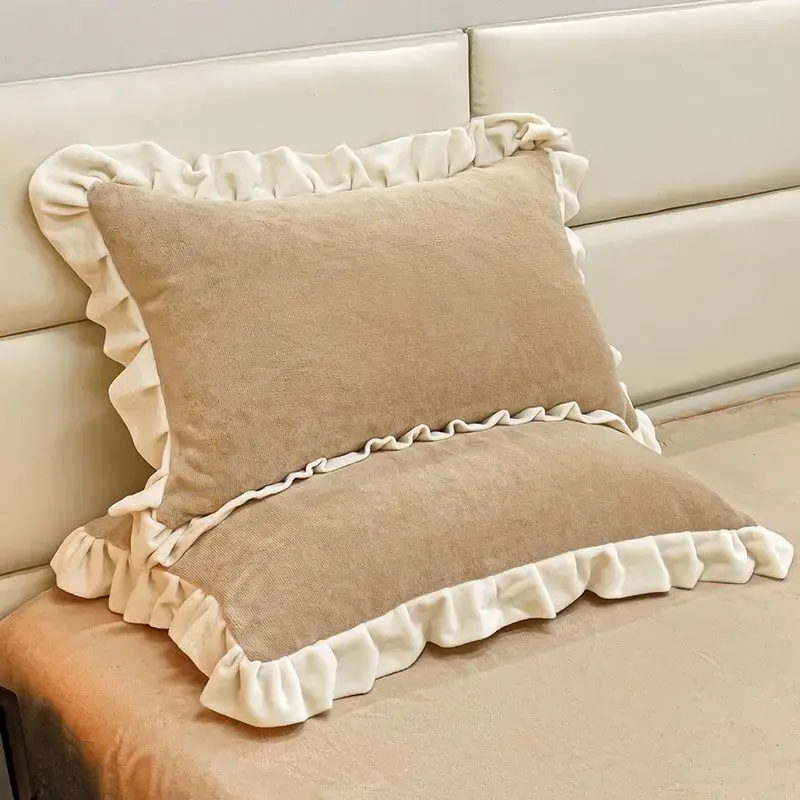 2pcs Single Pillowcase Soft Warm Autumn/Winter Crystal Velvet Flannel/Fleece Pillow Cover Solid Coffee Camel 48*74cm No Filling
