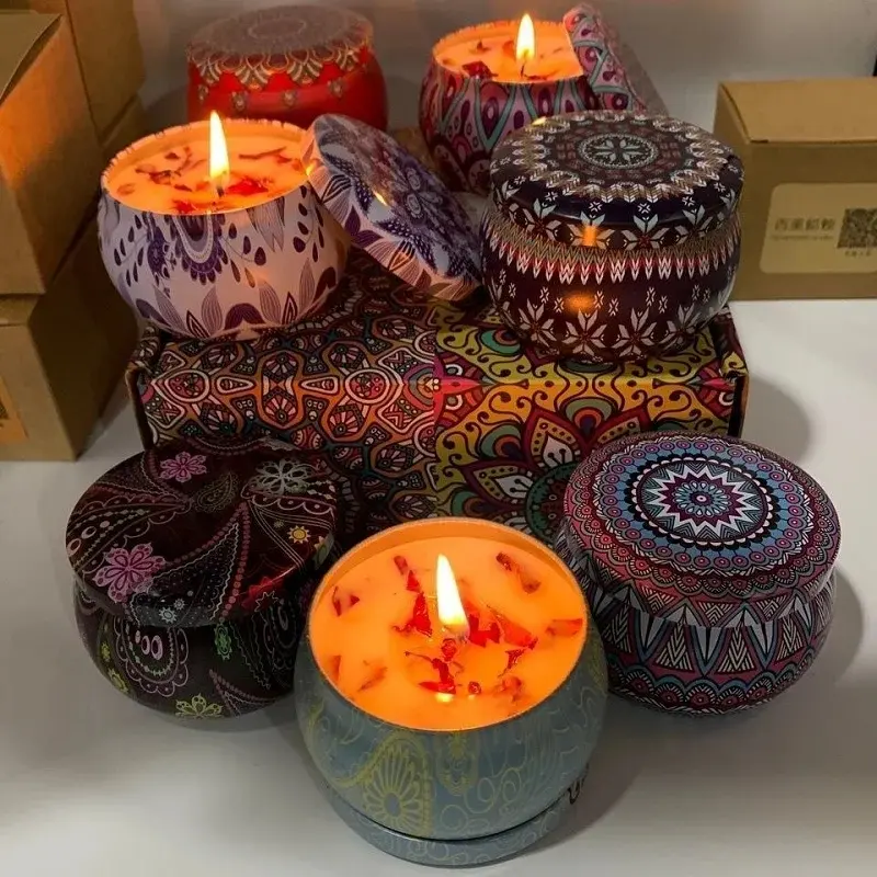 4Pcs/Box Scented Long Lasting Smokeless Fragrance Candle Jar Soy Candles Crystal Stone Dried Flower Couples Romantic Home Decor