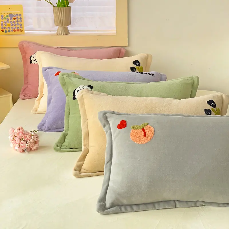 Quilted PANDA Embroidered Pillow Case 48x74cm Solid Color Soft Pillowcase Cover Decorative Home Thick Cushion Cover
