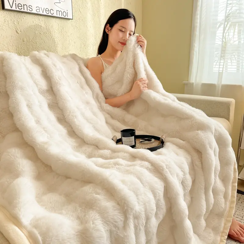Flannel Rabbit Plush Blanket Office Nap Sofa Blanket Double-sided Cover Blanket Four Seasons Universal Air-conditioning Blanket
