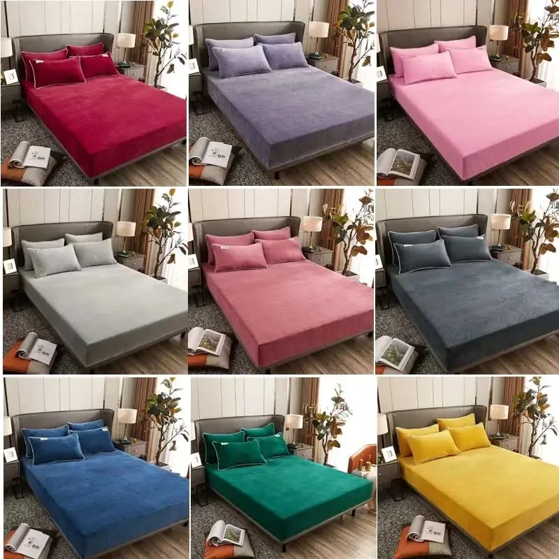 1pc Velvet Fabric Fitted Sheet Soft Touch Elastic Bedspread Mattress Cover Bed Linen Protector Winter Warm Flannel Fitted Sheet