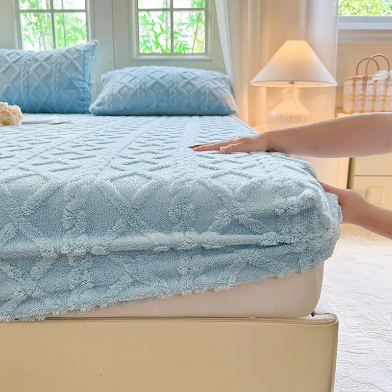 1pc Winter Warm Bed Sheet with Elastic Band Single/Queen/King Mattress Cover Thick Coral Fleece Fluffy Fitted Bed Sheets for Bed