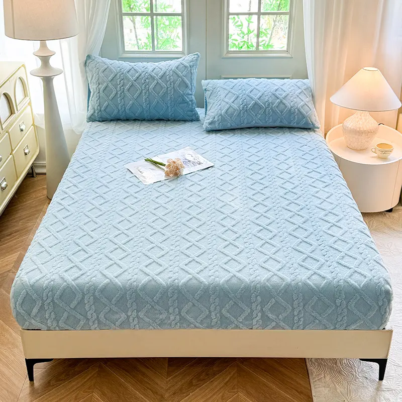 1pc Winter Warm Bed Sheet with Elastic Band Single/Queen/King Mattress Cover Thick Coral Fleece Fluffy Fitted Bed Sheets for Bed