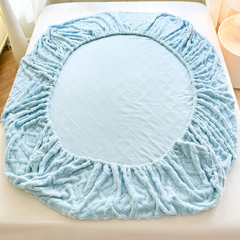 1pc Winter Warm Bed Sheet with Elastic Band Single/Queen/King Mattress Cover Thick Coral Fleece Fluffy Fitted Bed Sheets for Bed