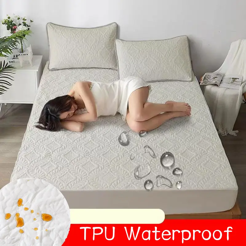 Quilted 100% Waterproof Fitted Sheet with Elastic Queen King Size Mattress Protector Solid Bed Cover( Pillowcase Need Order)