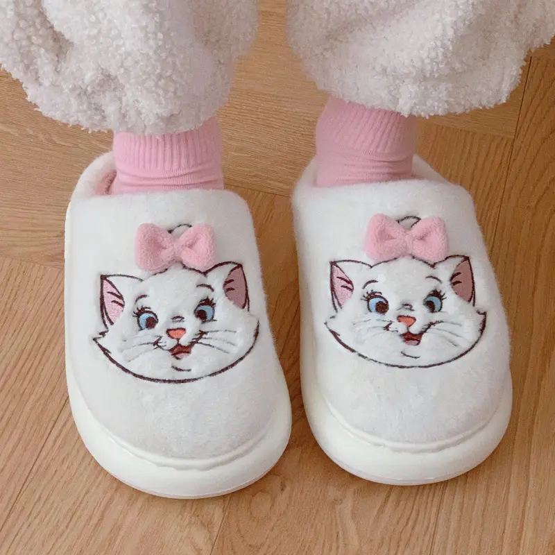 Genuine Cute Disney Cotton Slippers Mary Cat Plush Women'S Winter Warm Soft Bottom Non Slip Home Cartoon Plush Shoes