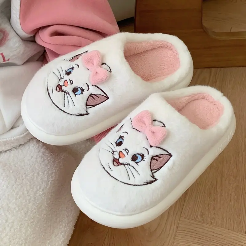 Genuine Cute Disney Cotton Slippers Mary Cat Plush Women'S Winter Warm Soft Bottom Non Slip Home Cartoon Plush Shoes