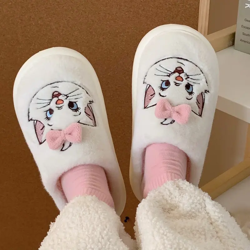 Genuine Cute Disney Cotton Slippers Mary Cat Plush Women'S Winter Warm Soft Bottom Non Slip Home Cartoon Plush Shoes