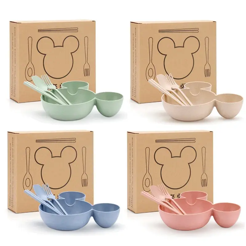 4Pcs Disney Mickey Mouse Baby Divided Complementary Food Plate for Kids Dinner Plates Spoon Set Girls Dinnerware Tableware