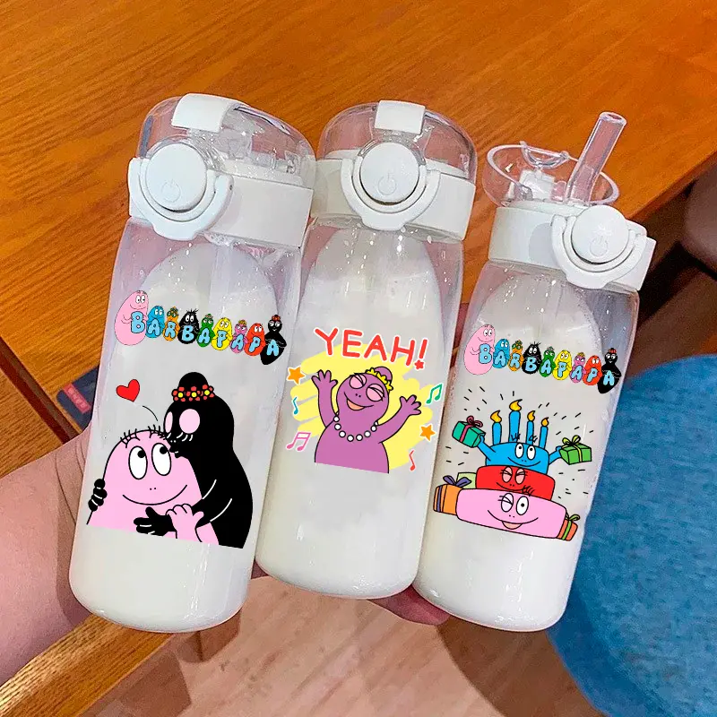 Les Barbapapa 400\600ml Transparent Plastic Straw Water Cup Portable Outdoor Sports Children Drinking Water Bottle Holiday Gifts