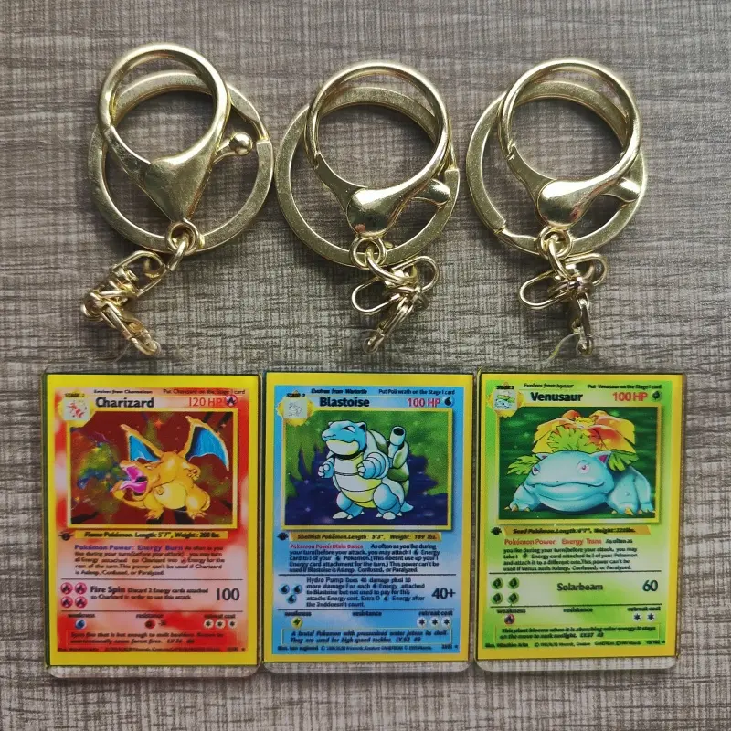 Pokemon Anime Small Card Key Chain Charizard Keychains Blastoise Venusaur Mewtwo Diy Acrylic Action Toy Figures Game Collection