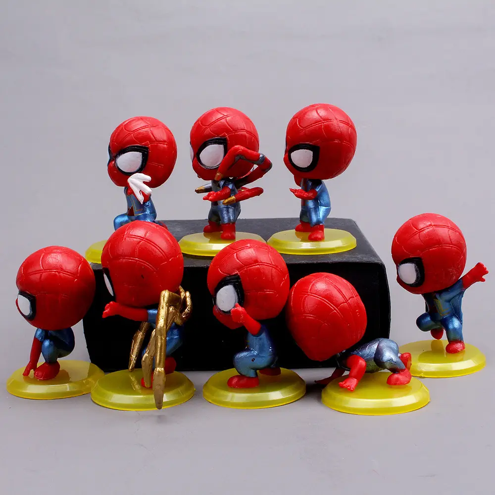 8Pcs Marvel Cute Spider Man Q Edition PVC Yellow Base Children's Cartoon Model Hobby Toy Doll Ornament Birthday Cake Decoration