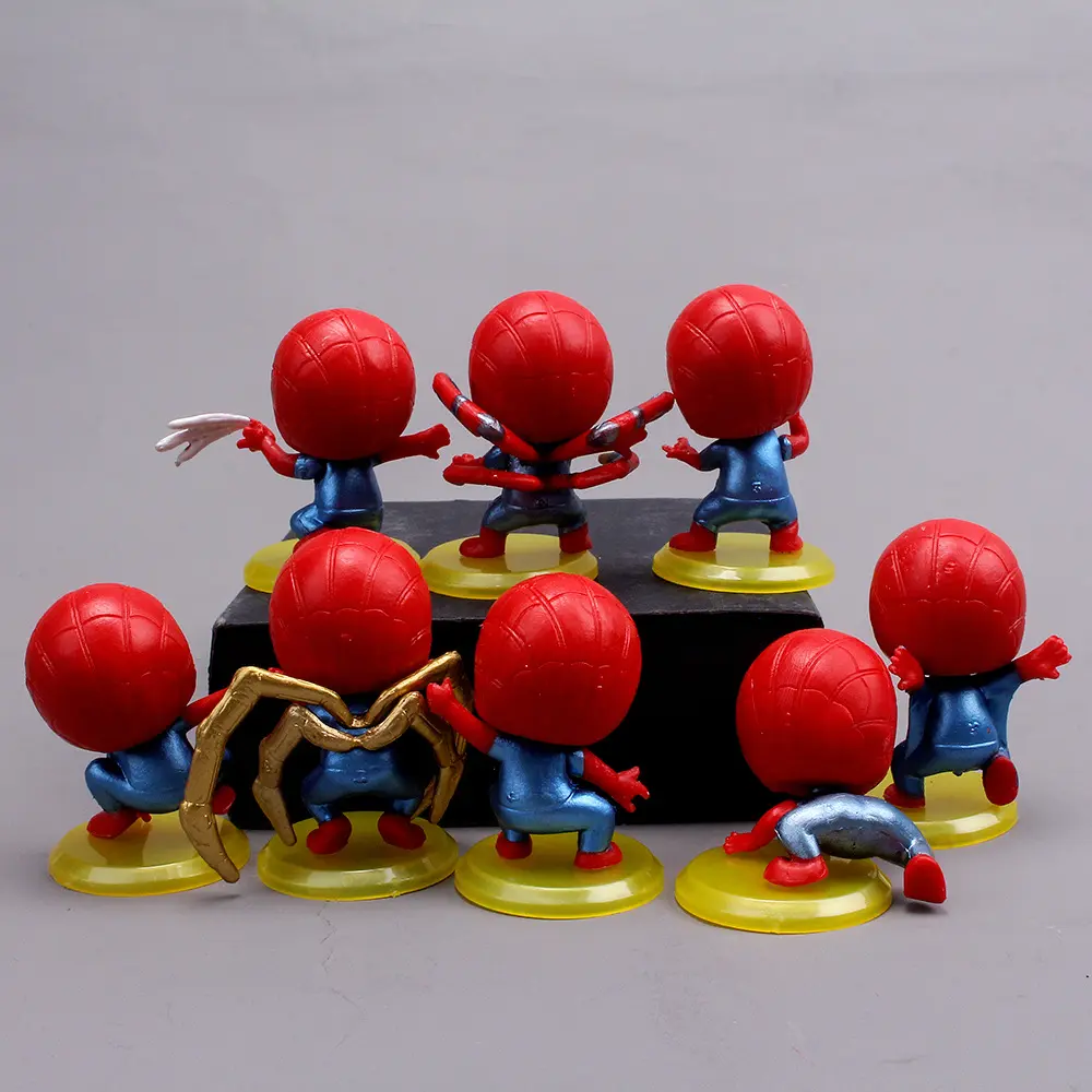 8Pcs Marvel Cute Spider Man Q Edition PVC Yellow Base Children's Cartoon Model Hobby Toy Doll Ornament Birthday Cake Decoration