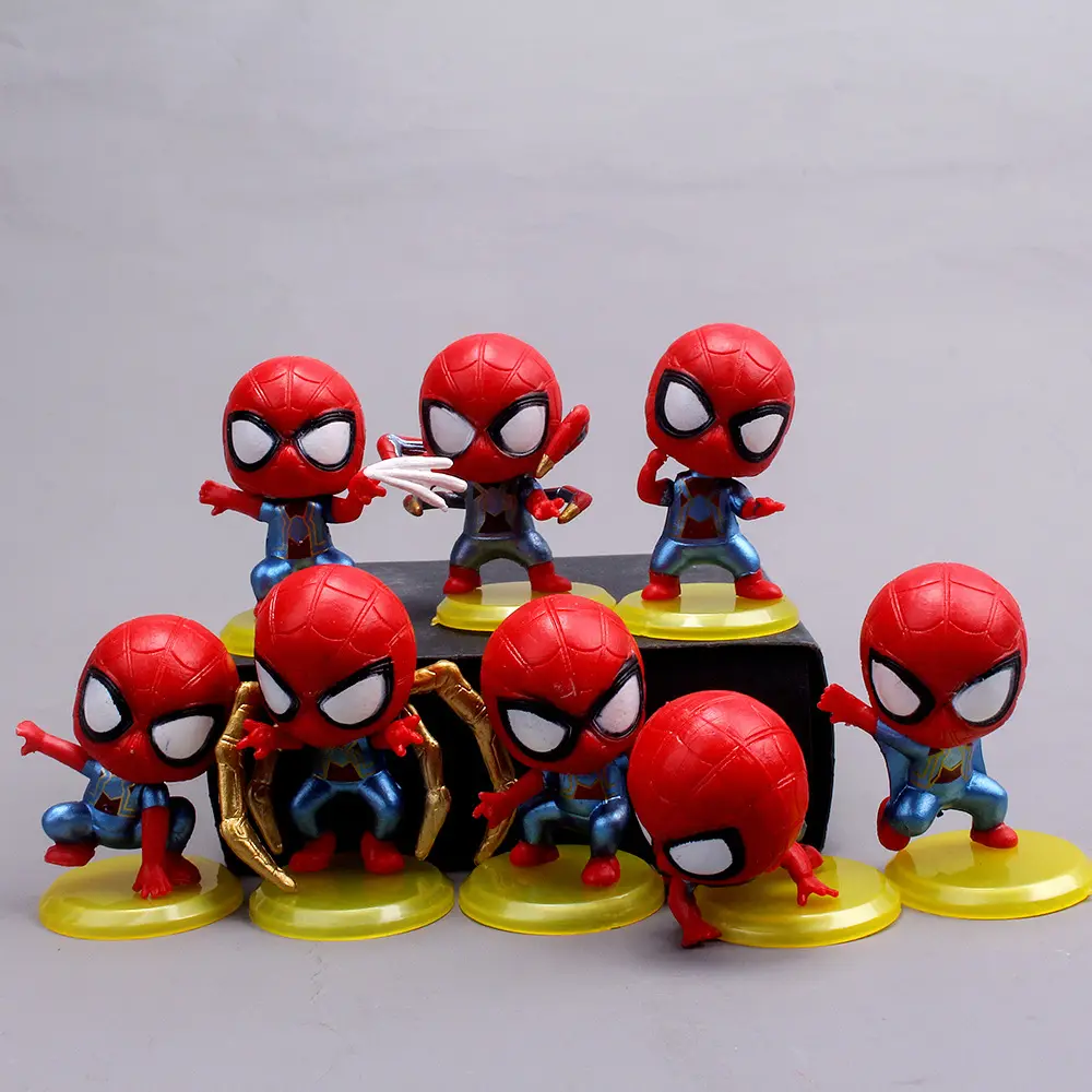 8Pcs Marvel Cute Spider Man Q Edition PVC Yellow Base Children's Cartoon Model Hobby Toy Doll Ornament Birthday Cake Decoration