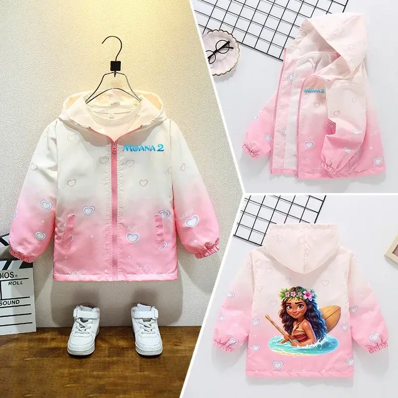 Disney Moana 2 Children's Jacket Coat Girl Anime Cartoon Printed Windbreaker Hooded Fashion Trendy Kawaii Top Kid Clothing Gifts