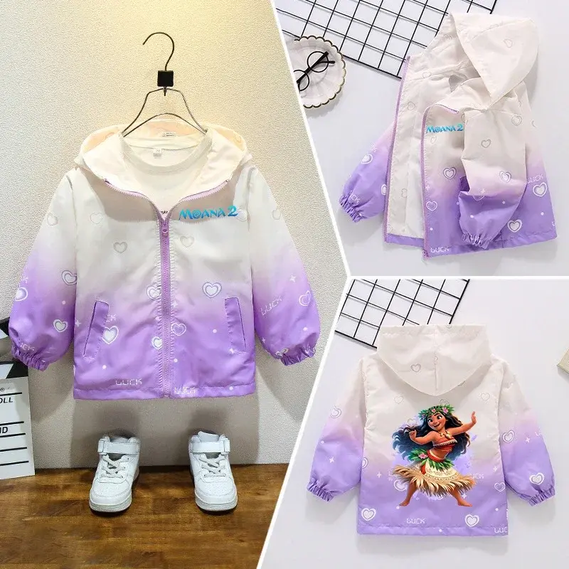 Disney Moana 2 Children's Jacket Coat Girl Anime Cartoon Printed Windbreaker Hooded Fashion Trendy Kawaii Top Kid Clothing Gifts