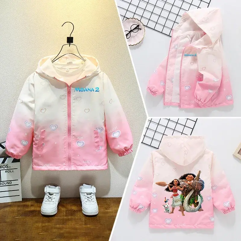 Disney Moana 2 Children's Jacket Coat Girl Anime Cartoon Printed Windbreaker Hooded Fashion Trendy Kawaii Top Kid Clothing Gifts