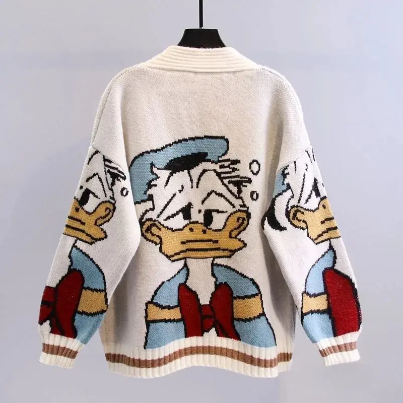 Disney Donald Duck Cartoon Spring and Autumn Jacquard Sweater Women's Loose Knitted Cardigan Japanese Casual Top Gift for Girls