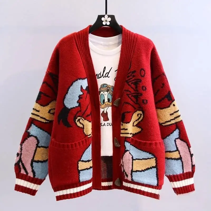 Disney Donald Duck Cartoon Spring and Autumn Jacquard Sweater Women's Loose Knitted Cardigan Japanese Casual Top Gift for Girls