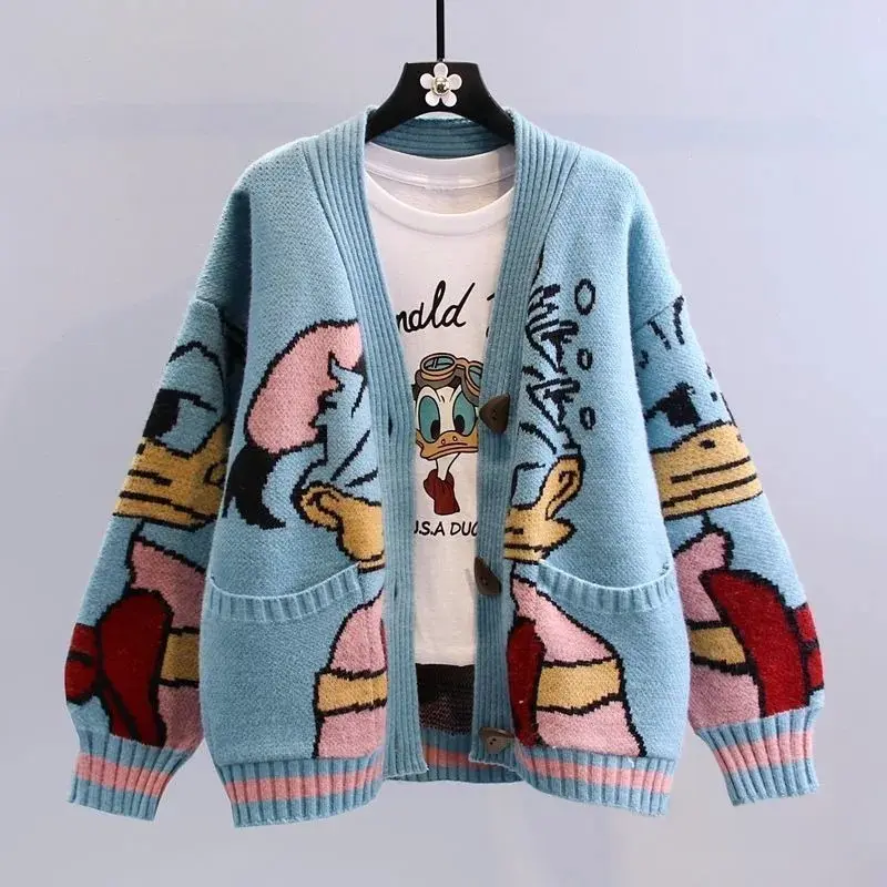 Disney Donald Duck Cartoon Spring and Autumn Jacquard Sweater Women's Loose Knitted Cardigan Japanese Casual Top Gift for Girls