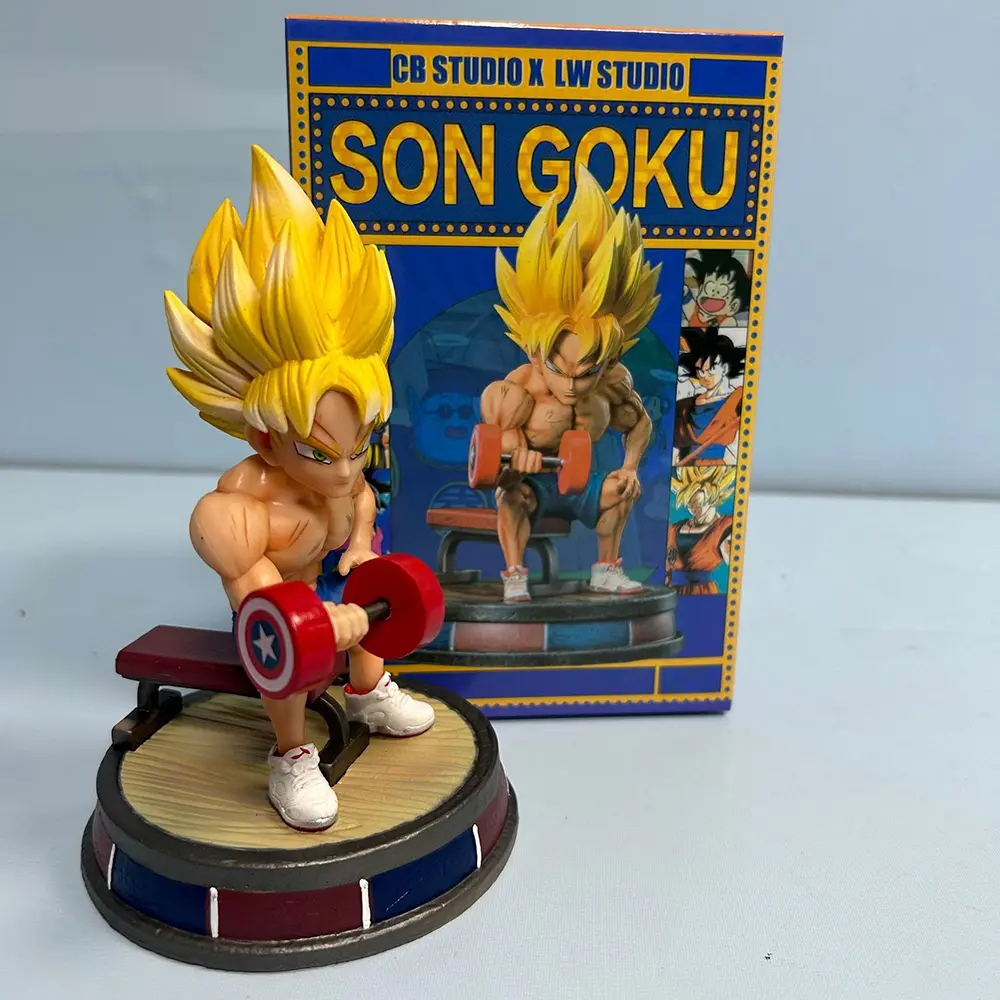 17cm Dragon Ball Fitness Son Goku Bodybuilding Muscle Lifting dumbbells PVC Action Figure Anime Figure Model Toy Doll Gift