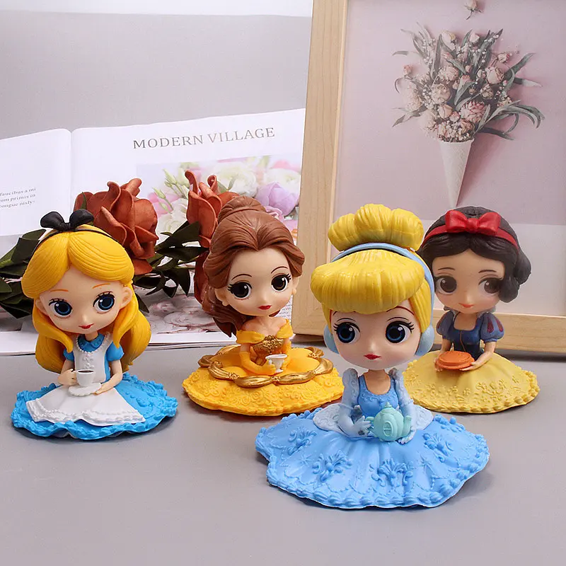 10cm Disney Q Posket Snow White Sofia Alice Belle Mermaid Aurore Princess Figures Toys Collectible Model Dolls Cake Decoration