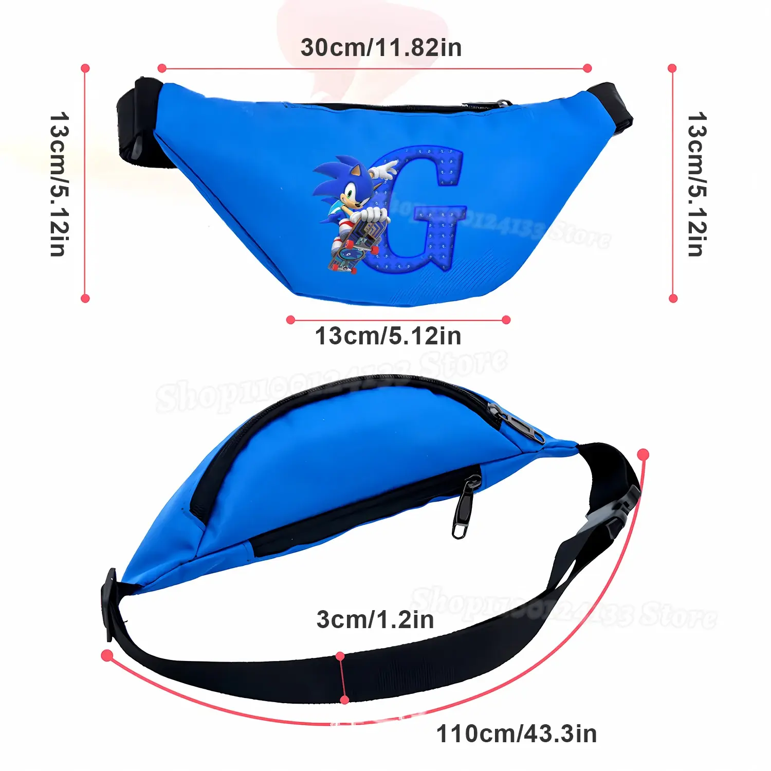 Soniced Boy Student Waist Bag Anime Letter A-Z Cute Y2K Trend Kawaii Print Kids Teenage Outdoor Sport Zipper Phone Belt Pack Hot