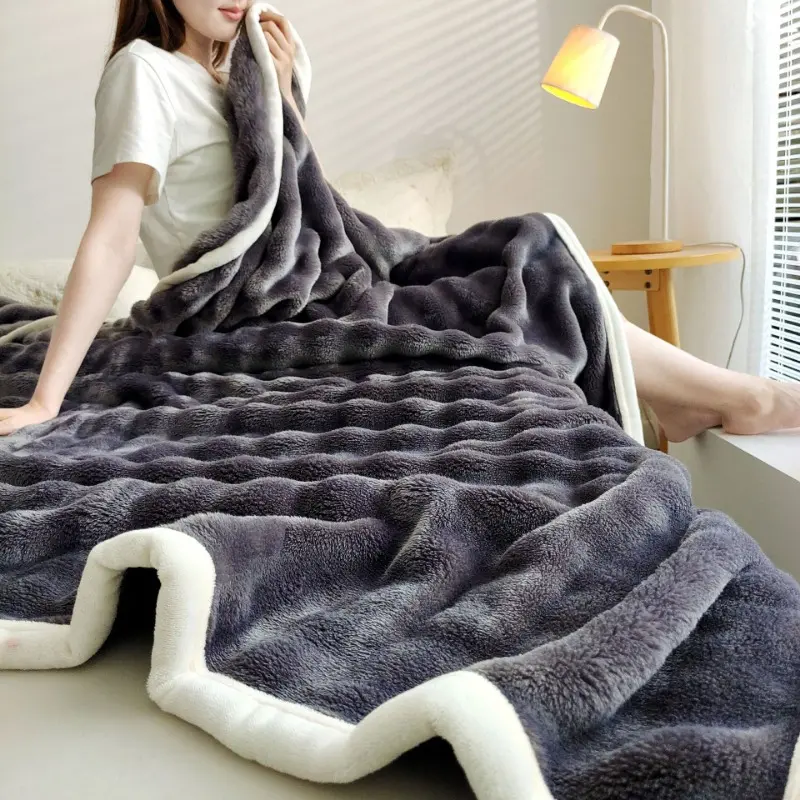 Solid Color, Simple Flannel, Rabbit Fur Blanket, Nap Cover Thick Sofa Blanket Coral Fleece Blanket, Edge Wrapped, Dirt Resistant