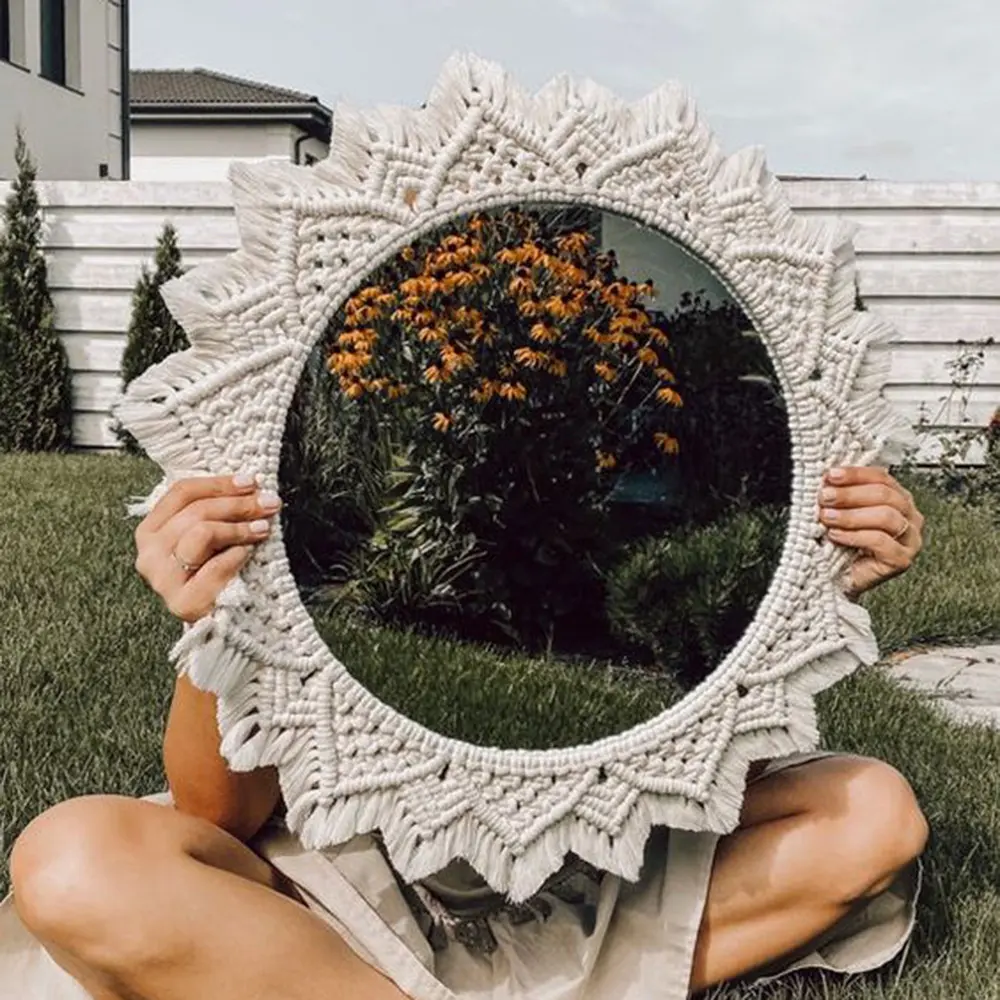 Large size Boho Macrame Round Mirror Decorative Mirrors Aesthetic Room Decor Hanging Wall Mirror for Bedroom Living Room decor