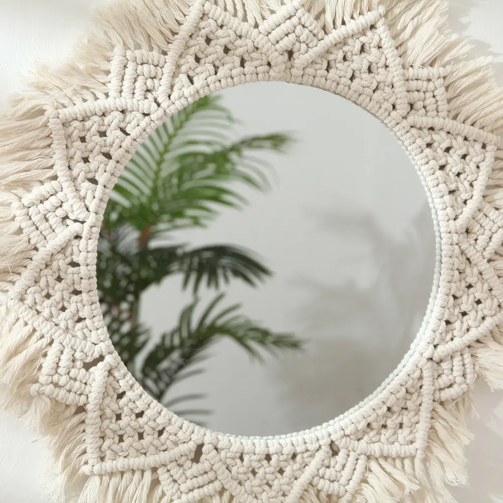 Large size Boho Macrame Round Mirror Decorative Mirrors Aesthetic Room Decor Hanging Wall Mirror for Bedroom Living Room decor
