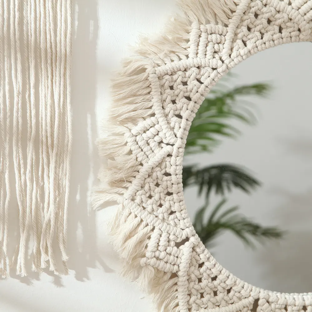 Large size Boho Macrame Round Mirror Decorative Mirrors Aesthetic Room Decor Hanging Wall Mirror for Bedroom Living Room decor