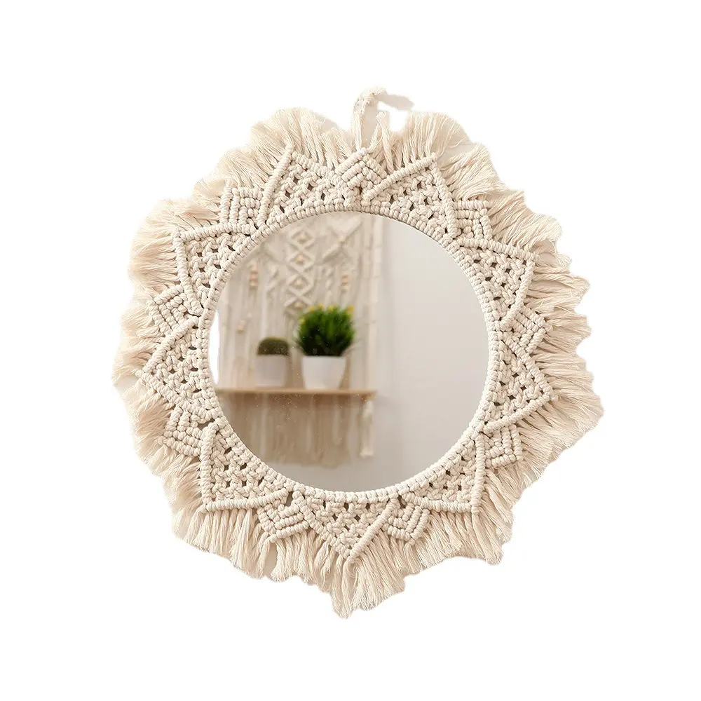 Large size Boho Macrame Round Mirror Decorative Mirrors Aesthetic Room Decor Hanging Wall Mirror for Bedroom Living Room decor