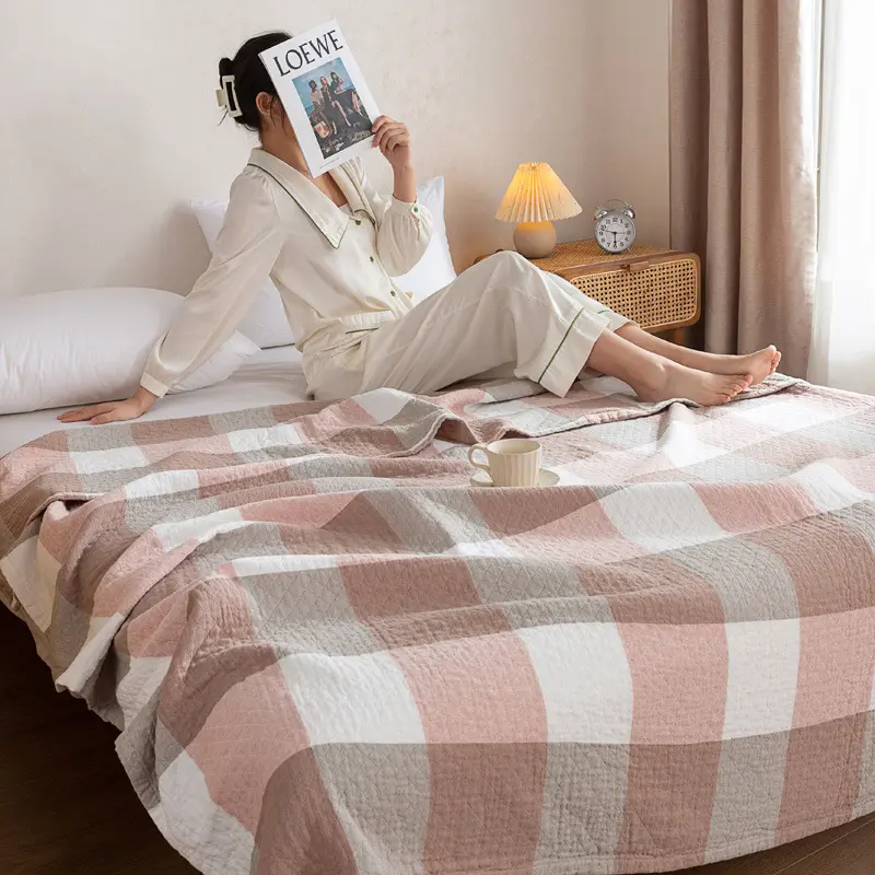 Japanese Style Minimalist Large Grid Towel with Three Layers of Washed Cotton Adult Blanket, Thin Children's and Baby Blanket