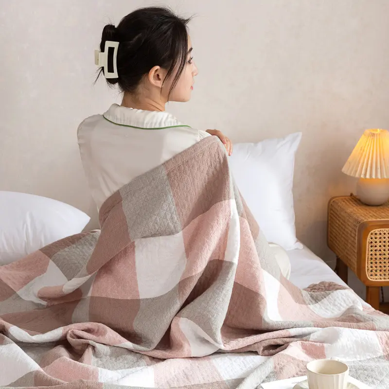 Japanese Style Minimalist Large Grid Towel with Three Layers of Washed Cotton Adult Blanket, Thin Children's and Baby Blanket