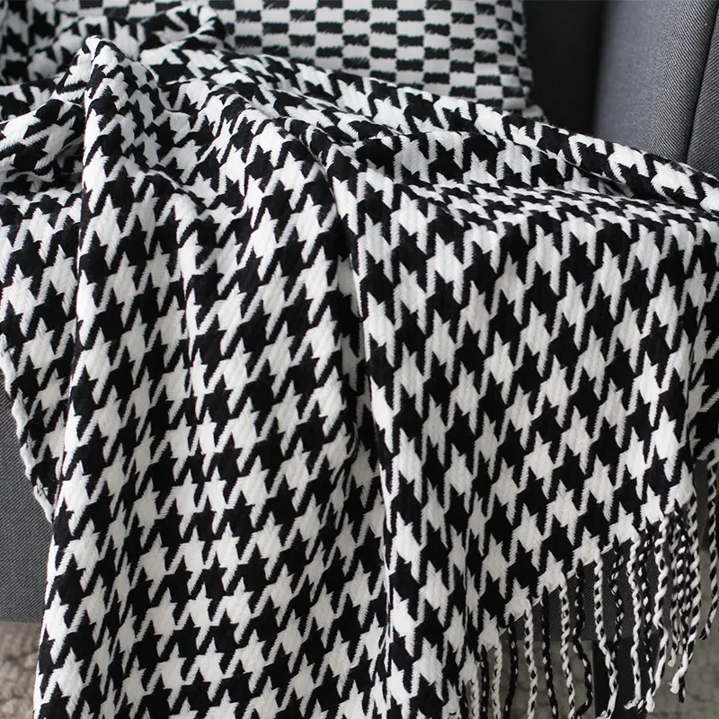 Textile City Nordic Simplicity Knitted Checkered Throw Blanket Plaid Navy Blue Tassels Sofa Sheet for Spring Autumn
