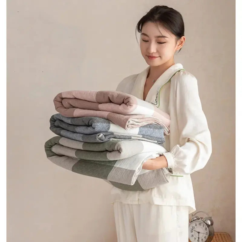 Japanese Style Minimalist Large Grid Towel with Three Layers of Washed Cotton Adult Blanket, Thin Children's and Baby Blanket