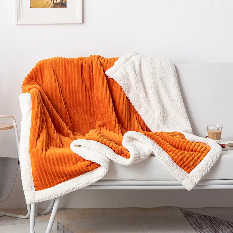 Hot Selling Thickened Double Layer Solid Color Striped Lamb Velvet Flannel Drawn Blanket Nap Air Conditioning Blanket