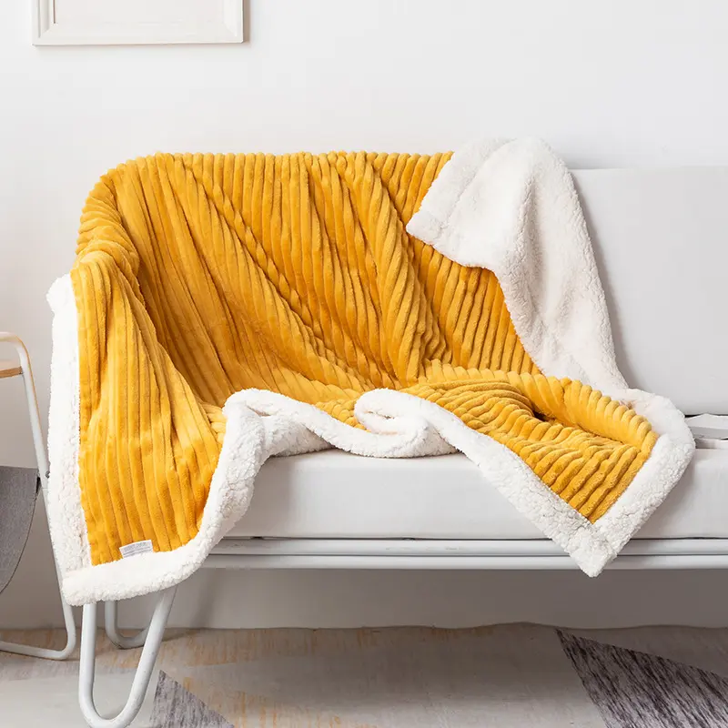 Hot Selling Thickened Double Layer Solid Color Striped Lamb Velvet Flannel Drawn Blanket Nap Air Conditioning Blanket